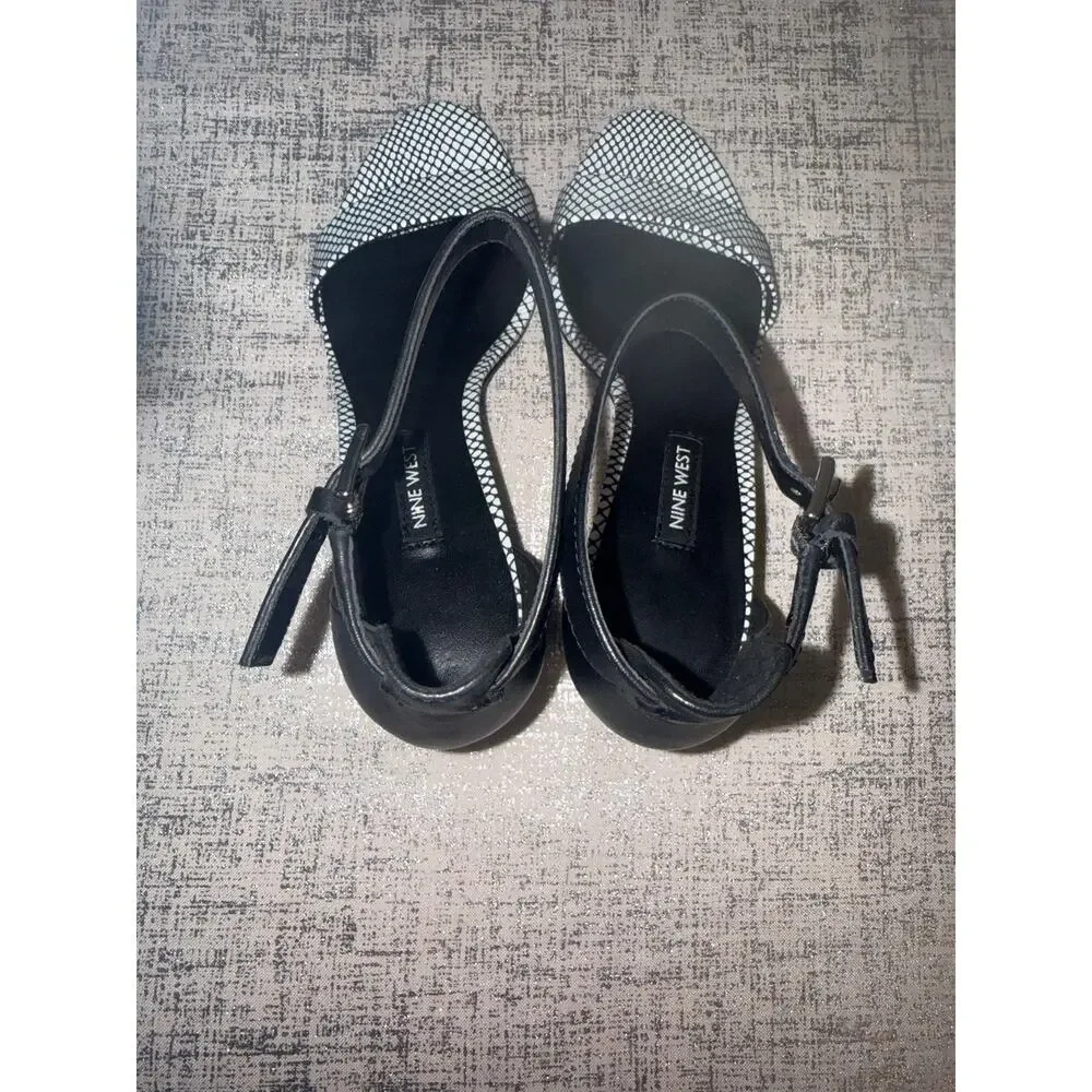 Nine West Black White Slingback Heels Open Toe Patterned Pumps